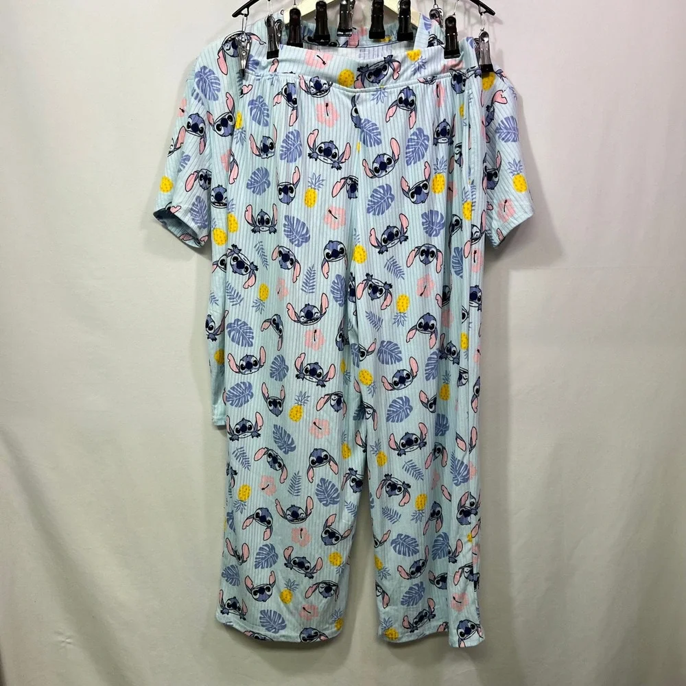 Disney Stitch Tropical Ribbed Pajama Set Womens Small Blue Henley Top Pants 2pc